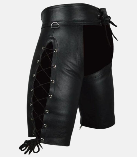 Leather Riders Shorts with YKK Zippers and Lace-Up Detailing