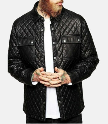Leather Shirt with Quilted Design & Button Closure