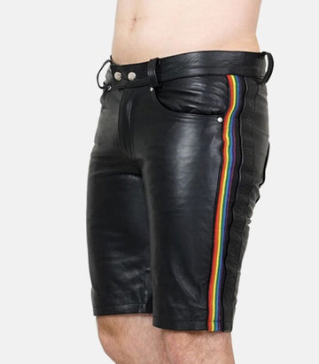 Leather Shorts with Cow Aniline Finish & Vibrant Strips