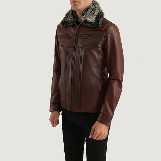 Leon Fur Brown Sheepskin Leather Jacket with Detachable Collar