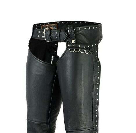 Low-Rise Black Leather Chaps with Curvy Fit & Stud Embellishments