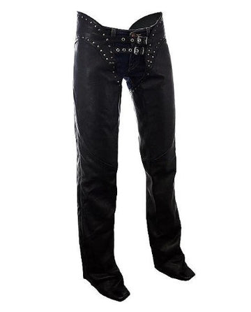 Low-Rise Black Leather Chaps with Stud & Buckle Accents