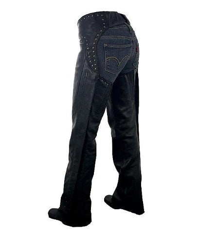 Low-Rise Black Leather Chaps with Stud & Buckle Accents