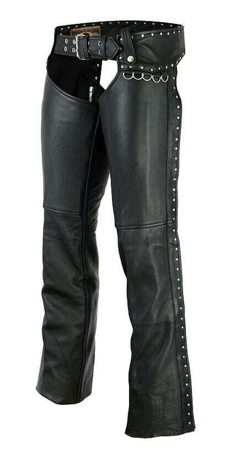 Low-Rise Black Leather Chaps with Curvy Fit & Stud Embellishments