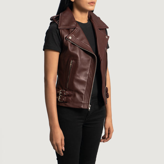 Maroon Aniline-finish Sheepskin Leather Vest with Notch Collar