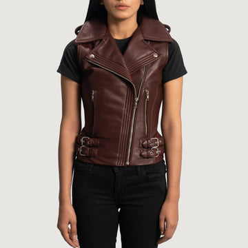 Maroon Aniline-finish Sheepskin Leather Vest with Notch Collar