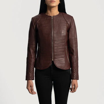 Maroon Quilted Leather Jacket with Aniline Finish & Open Hem Cuffs