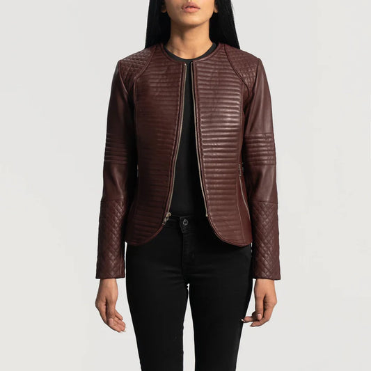 Maroon Quilted Leather Jacket with Aniline Finish & Open Hem Cuffs