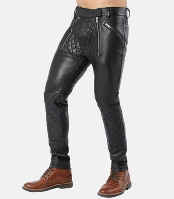 Men Black Slim Fit Quilted Leather Pants with Dual Zipper Closure