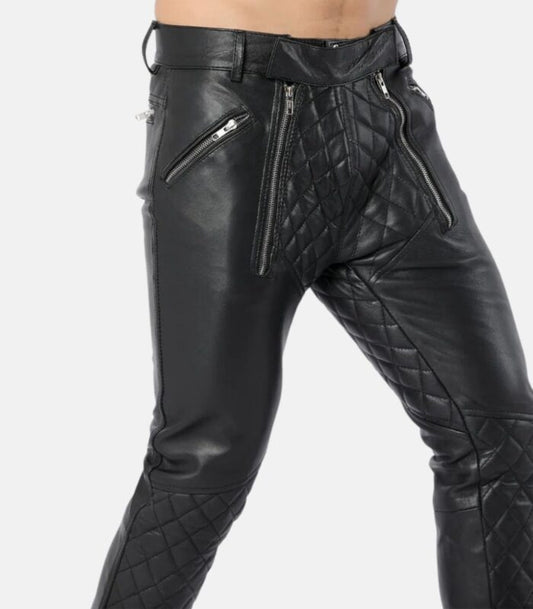 Men Black Slim Fit Quilted Leather Pants with Dual Zipper Closure