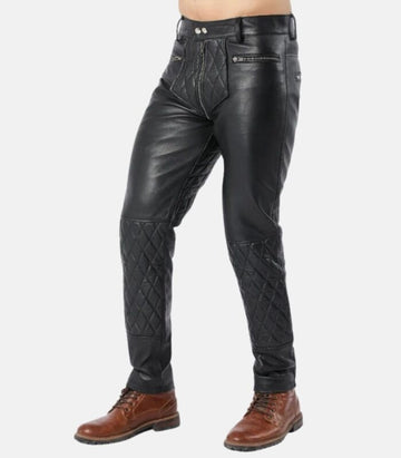 Men Slim Fit Quilted Leather Pants with Front & Back Zipper Closure