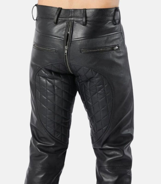 Men Slim Fit Quilted Leather Pants with Front & Back Zipper Closure