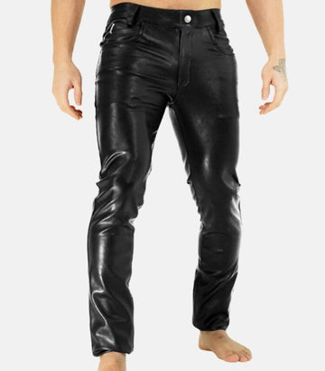 Men’s Tube Cut Leather Pants with Zipper Closure & Soft Inner Lining