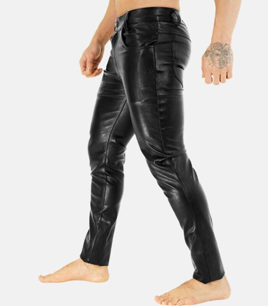 Men’s Tube Cut Leather Pants with Zipper Closure & Soft Inner Lining
