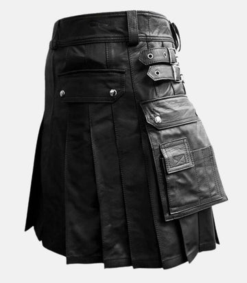 Modern Black Leather Kilt with Tartan Blend