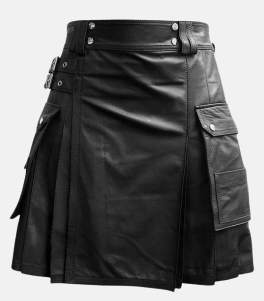 Modern Black Leather Kilt with Tartan Blend