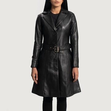 Moonlight Sheepskin Black Leather Trench Coat with Quilted Lining