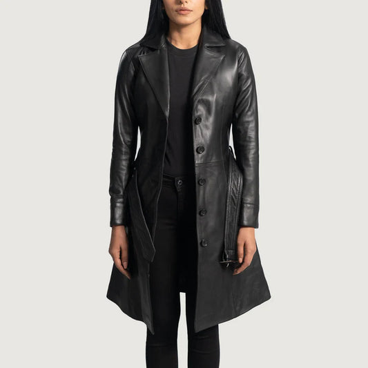 Moonlight Sheepskin Black Leather Trench Coat with Quilted Lining