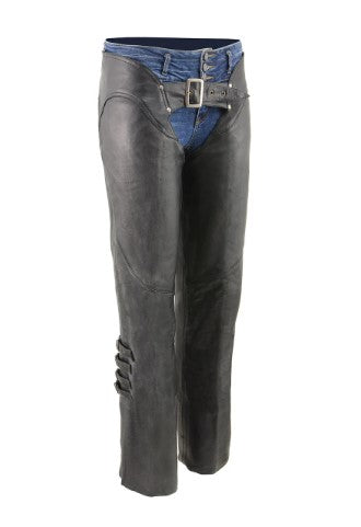 Naked Cowhide Leather Chaps with Thigh Lacing & Buckle Accents