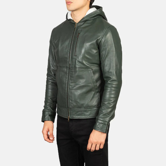 Nordic Green Leather Bomber Jacket with Fully Fleece Lined Interior