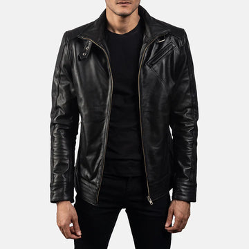 Obsidian Black Leather Biker Jacket with Belted High Neck