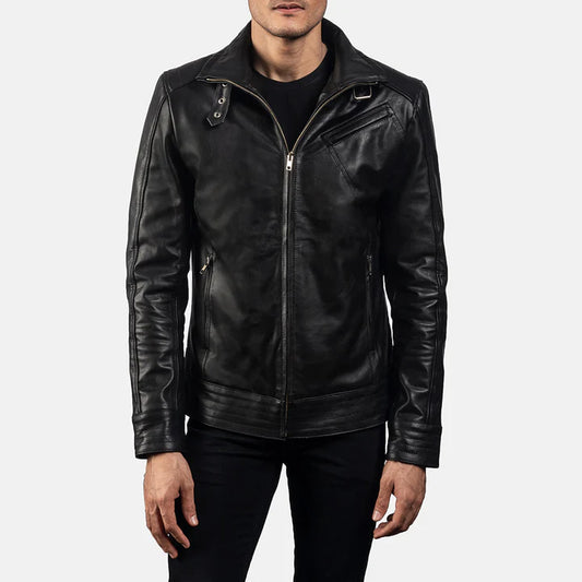 Obsidian Black Leather Biker Jacket with Belted High Neck