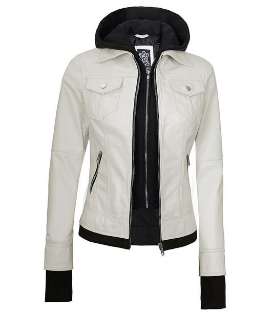 Off-White Hooded Lambskin Leather Jacket with Detachable Hood and Rib-Knit Trim