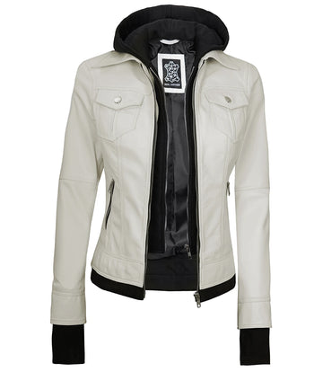 Off-White Hooded Lambskin Leather Jacket with Detachable Hood and Rib-Knit Trim