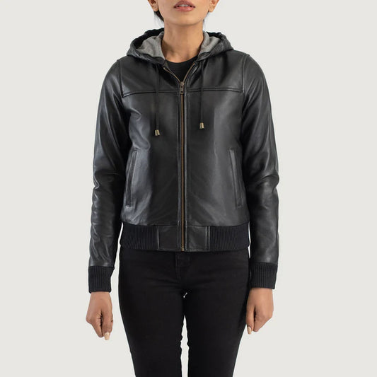 Black Sheepskin Hooded Leather Jacket with Rebella Semi-Aniline Finish