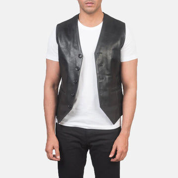 Orson Black Leather Vest with Adjustable Waist Straps