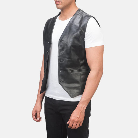 Orson Black Leather Vest with Adjustable Waist Straps