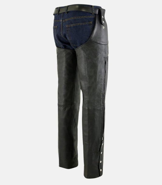 Premium Black Leather Chaps with Customizable Side Snaps