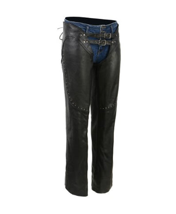 Premium Black Leather Chaps with Front Buckles and Rivet Detailing