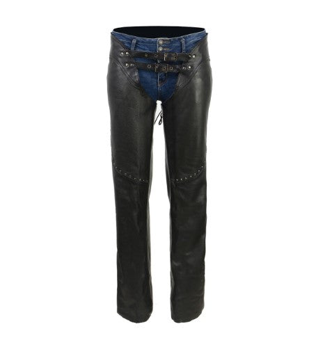 Premium Black Leather Chaps with Front Buckles and Rivet Detailing