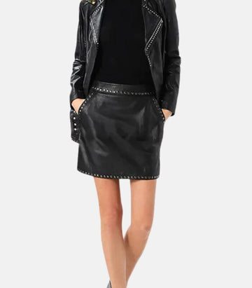 Premium Black Leather Skirt with Stud-Embellished Pockets
