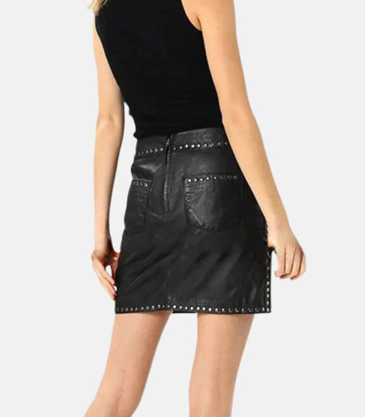 Premium Black Leather Skirt with Stud-Embellished Pockets
