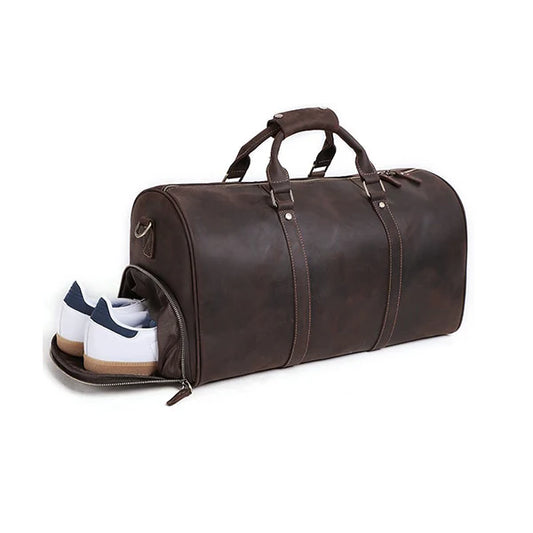 Premium Leather Duffel Bag with Separate Shoe Compartment