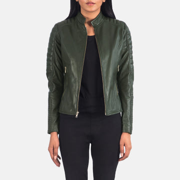 Quilted Green Sheepskin Leather Biker Jacket with Band Collar