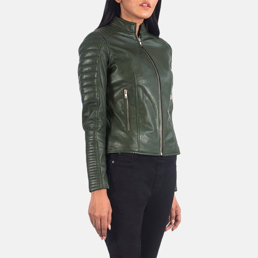 Quilted Green Sheepskin Leather Biker Jacket with Band Collar