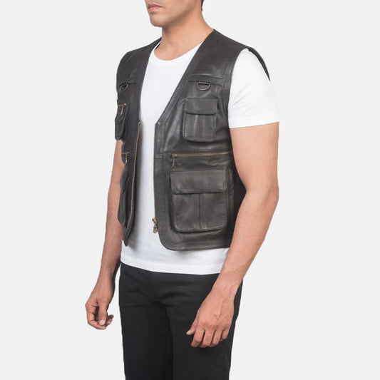 Ranger Brown Sheepskin Leather Vest with Zipper Closure & D-Rings