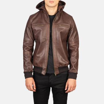 Reckon Brown Cowhide Leather Bomber Jacket with Detachable Hood
