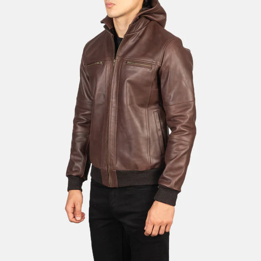 Reckon Brown Cowhide Leather Bomber Jacket with Detachable Hood