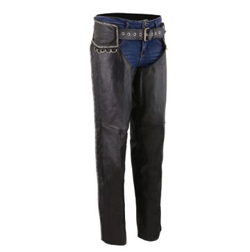 Rhinestone-Embellished Black Leather Chaps with D-Ring Detailing