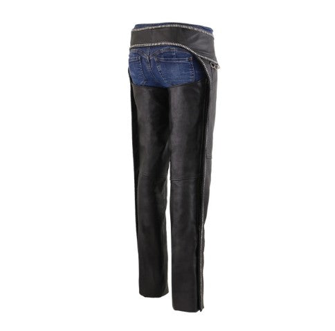 Rhinestone-Embellished Black Leather Chaps with D-Ring Detailing