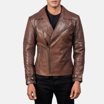 Rogue Brown Cowhide Leather Biker Jacket with Pull-Up Finish