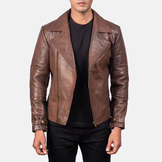 Rogue Brown Cowhide Leather Biker Jacket with Pull-Up Finish