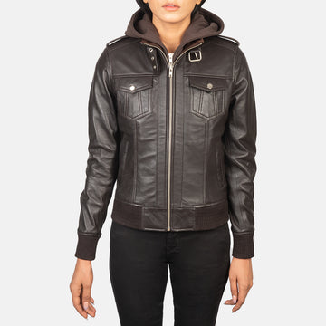 Roslyn Brown Leather Bomber Jacket with High Neck and Fabric Hood