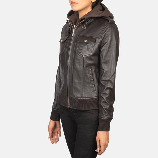 Roslyn Brown Leather Bomber Jacket with High Neck and Fabric Hood