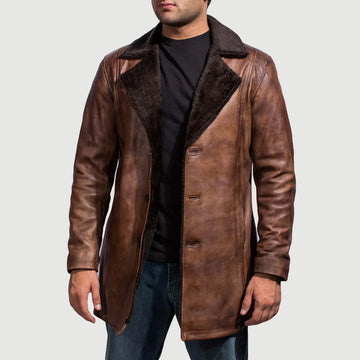Ruston Distressed Leather Coat with Notch collar & Faux Fur Lining