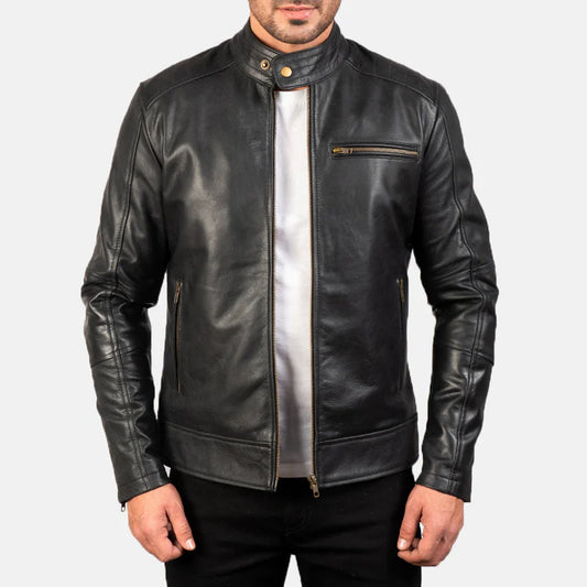 Ryder Black Leather Biker Jacket with Snap Button Collar